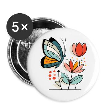 Schmetterling fliegt zu Blüten - Buttons groß 56 mm (5er Pack) - Weiß - Vorne