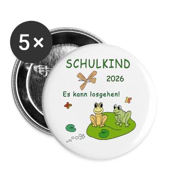 Schulkind 2026 Froschfreude - Buttons groß 56 mm (5er Pack) - Weiß - Vorne