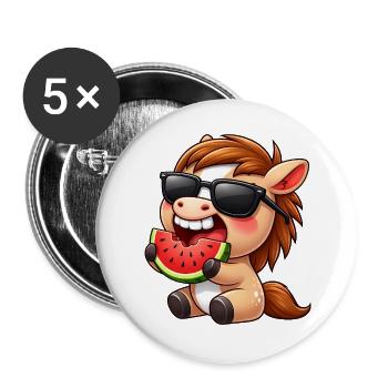 Cooles Pferd mit Melone Sommer Sonne Reiten - Buttons groß 56 mm (5er Pack) - Weiß - Vorne