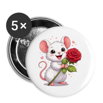 Souris mignonne avec une rose – Motif de la Saint-Valentin plein d’amour - Lot de 5 grands badges (56 mm) - blanc - Devant