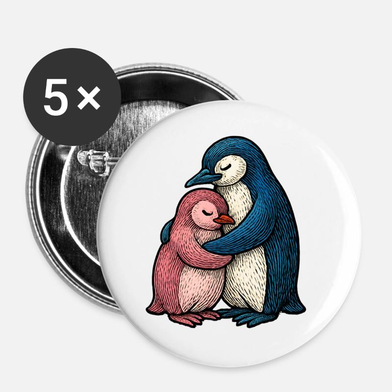 Hugged Penguins: Blue Pink Duo - Buttons large 2.2''/56 mm (5-pack) - white