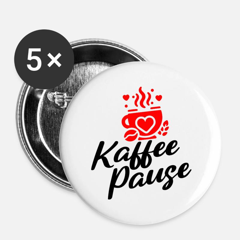 Kaffee Pause - Kaffeebecher mit Herzmotiv - Buttons groß 56 mm (5er Pack) - Weiß
