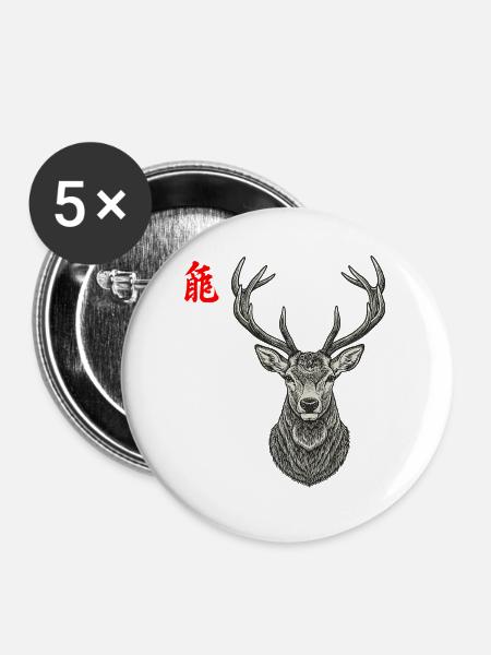 Hirsch Asiatisch - Buttons groß 56 mm (5er Pack) - Weiß