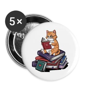 Bücherwurm-Katze Kätzchen liest Bücher Kunst - Buttons groß 56 mm (5er Pack) - Weiß - Vorne