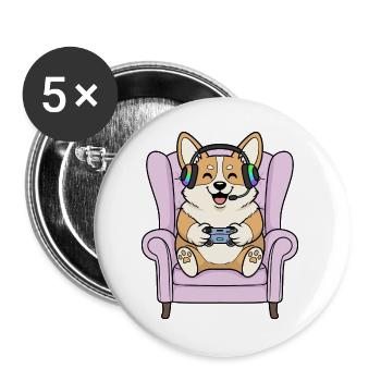 Chien Corgi joueur jouant à des jeux vidéo Art - Lot de 5 grands badges (56 mm) - blanc - Devant