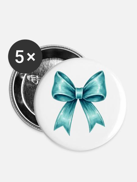 Türkisfarbene Schleife - Buttons groß 56 mm (5er Pack) - Weiß