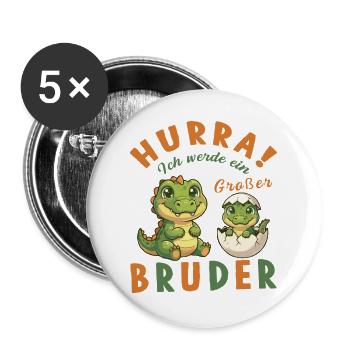 Großer Bruder Dino – Hurra ich werde ein Bruder - Buttons groß 56 mm (5er Pack) - Weiß - Vorne