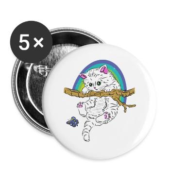 Cat on branch plays with butterfly - Buttons large 2.2''/56 mm (5-pack) - white - Front