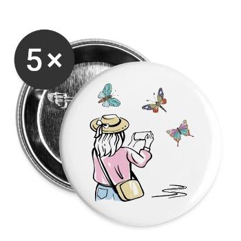 Mädchen fotografiert Schmetterlinge - Buttons groß 56 mm (5er Pack) - Weiß - Vorne