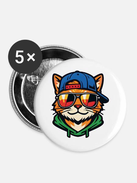 Katze mit Sonnenbrille - Buttons groß 56 mm (5er Pack) - Weiß