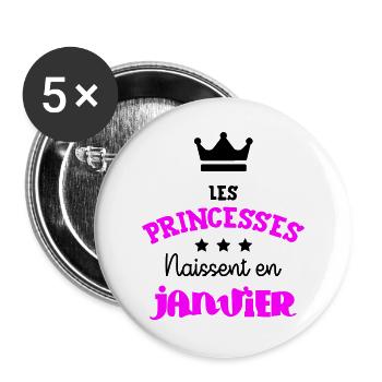 Princesse née en Janvier Joli Cadeau Anniversaire - Lot de 5 grands badges (56 mm) - blanc - Devant