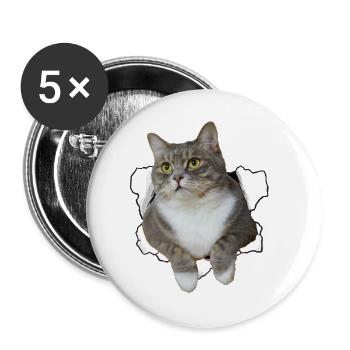 Süße Katze guckt aus Loch - Witziges Katzendesign - Buttons groß 56 mm (5er Pack) - Weiß - Vorne