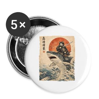 Samurai Cat Riding Shark Japanese Ukiyoe - Buttons large 2.2''/56 mm (5-pack) - white - Front