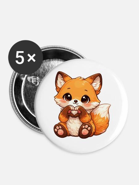 Kawaii Fuchs Herzzeichen - Buttons groß 56 mm (5er Pack) - Weiß