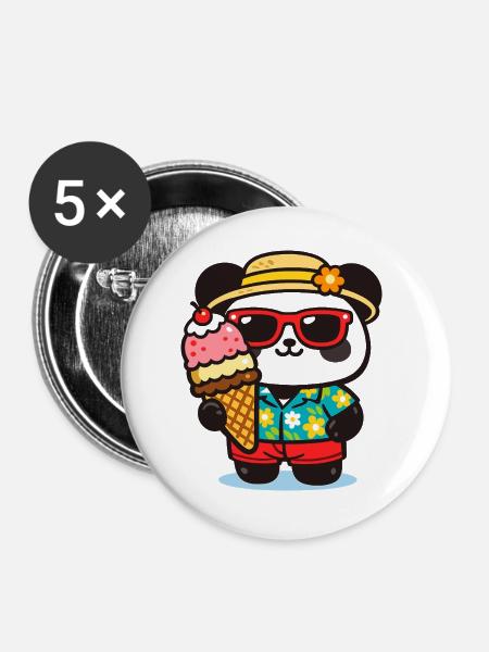 Panda Surf mit Eis - Buttons groß 56 mm (5er Pack) - Weiß