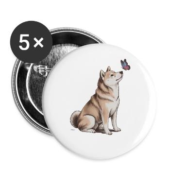 Akita Inu Hund mit Schmetterling Motiv - Buttons groß 56 mm (5er Pack) - Weiß - Vorne