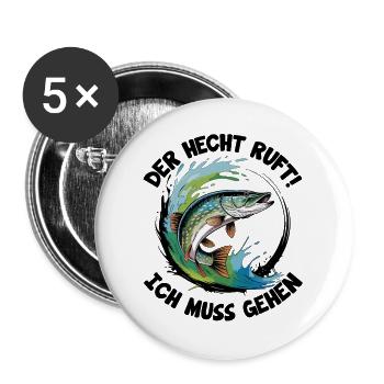 Hecht Angeln - Buttons groß 56 mm (5er Pack) - Weiß - Vorne