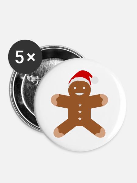 Lebkuchenmann mit Santa-Hut - Buttons groß 56 mm (5er Pack) - Weiß