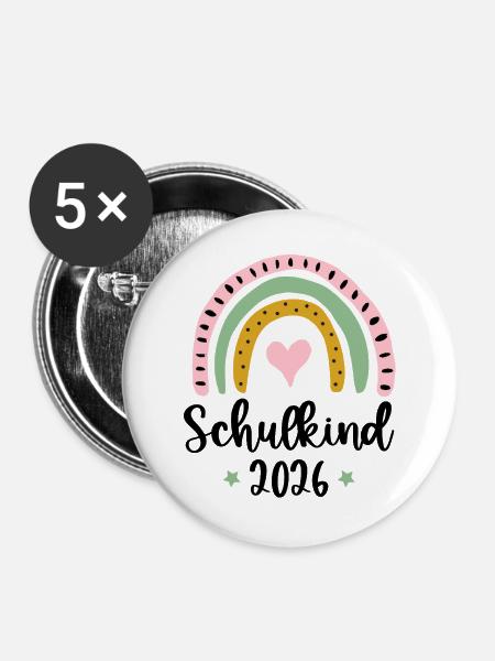 Schulkind 2026 Einschulung Mädchen Regenbogen - Buttons groß 56 mm (5er Pack) - Weiß