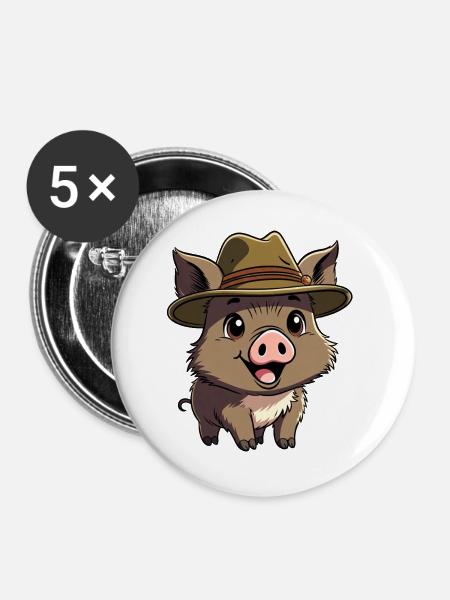 Wildschwein mit Hut - Buttons groß 56 mm (5er Pack) - Weiß