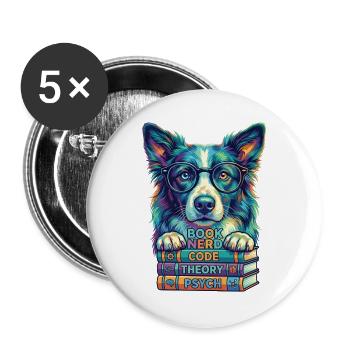 Pop Art Border Collie Nerd Dog - Books - Buttons large 2.2''/56 mm (5-pack) - white - Front