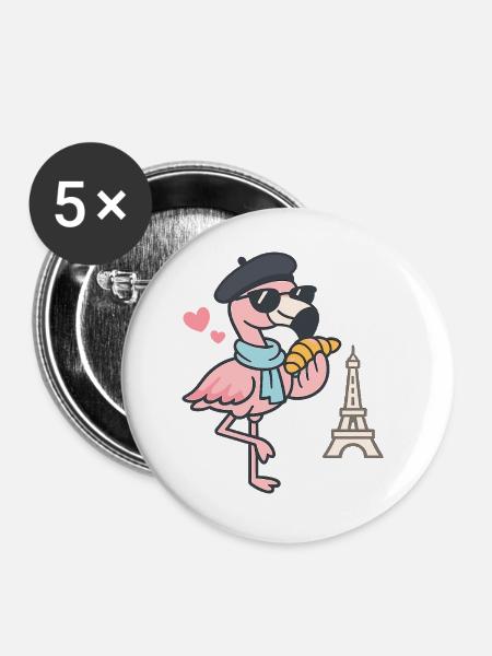 Pariser Flamingo mit Croissant - Buttons groß 56 mm (5er Pack) - Weiß