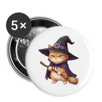 Chat en sorcière à Halloween - Lot de 5 grands badges (56 mm) - blanc - Devant