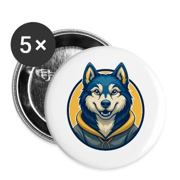 Husky Dog Kawaii Maskottchen Cartoon Clipart Logo Abzeichen - Buttons groß 56 mm (5er Pack) - Weiß - Vorne