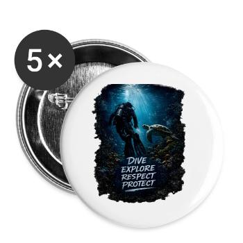 Dive. Explore. Respect. Protect. – Taucher & Meere - Buttons groß 56 mm (5er Pack) - Weiß - Vorne