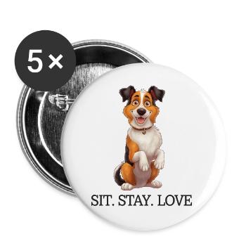 Produits dérivés pour chiens Border Collie Tri-Color Sit Stay Love 2 - Lot de 5 grands badges (56 mm) - blanc - Devant