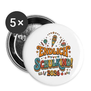 Endlich Schulkind 2026 - Retro Design - Buttons groß 56 mm (5er Pack) - Weiß - Vorne