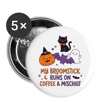 Mein Besen läuft auf Kaffee – lustiges Halloween - Buttons groß 56 mm (5er Pack) - Weiß - Vorne
