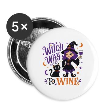 Witch Way to Wine - Hexen T-Shirt - Buttons groß 56 mm (5er Pack) - Weiß - Vorne