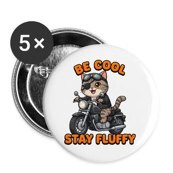 Katzen-Rocker auf Motorrad Stay Fluffy - Buttons groß 56 mm (5er Pack) - Weiß - Vorne