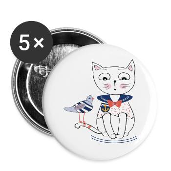 Katze und Möwe - Buttons groß 56 mm (5er Pack) - Weiß - Vorne