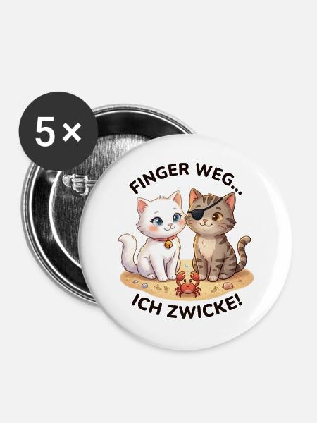 Katzen Strand Krabbe Spruch - Buttons groß 56 mm (5er Pack) - Weiß