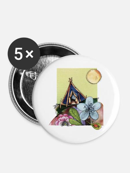 Camping im Zelt - Buttons groß 56 mm (5er Pack) - Weiß