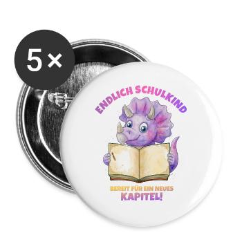 Endlich Schulkind Aquarell Dino mit Buch - lila - Buttons groß 56 mm (5er Pack) - Weiß - Vorne