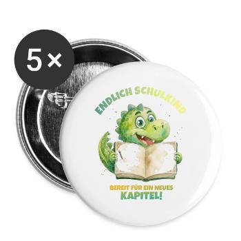 Endlich Schulkind Aquarell Dino mit Buch - grün  - Buttons groß 56 mm (5er Pack) - Weiß - Vorne