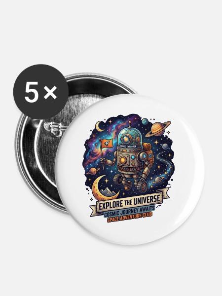 Kosmosabenteuer Roboter-Explorer - Buttons groß 56 mm (5er Pack) - Weiß