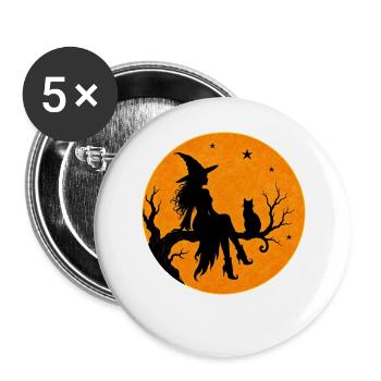 Sorcière d’Halloween avec un motif de t-shirt de chat en pleine lune - Lot de 5 grands badges (56 mm) - blanc - Devant
