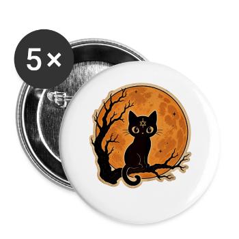 Schwarze Katze vor Vollmond Halloween Motiv - Buttons groß 56 mm (5er Pack) - Weiß - Vorne