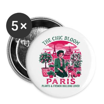 La plante Chic Bloom Paris et le bouledogue français - Lot de 5 grands badges (56 mm) - blanc - Devant