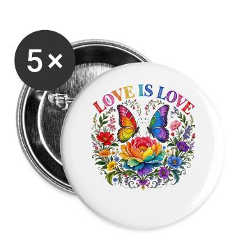 Love Is Love Pride Blumen Schmetterling LGBTQ CSD - Buttons groß 56 mm (5er Pack) - Weiß - Vorne