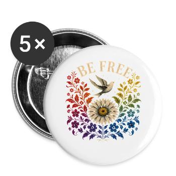 Be Free T-Shirt Regenbogen Blumen CSD Shirt Decal - Buttons groß 56 mm (5er Pack) - Weiß - Vorne