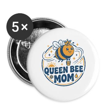 Mama die Bienenkönigin - powerful und cute - Buttons groß 56 mm (5er Pack) - Weiß - Vorne