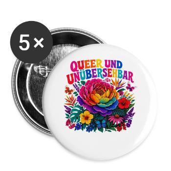 Queer Und Unübersehbar Shirt CSD LGBT Pride Proud - Buttons groß 56 mm (5er Pack) - Weiß - Vorne