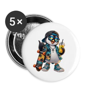 Sommerpinguin Skateboard-Vibe - Buttons groß 56 mm (5er Pack) - Weiß - Vorne