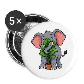 Glücklicher Elefant umarmt eine Topfpflanze - Buttons groß 56 mm (5er Pack) - Weiß - Vorne