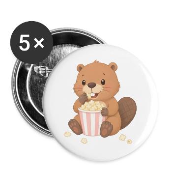 Süßer Biber mit Popcorn – Lustiges Kino-Motiv  - Buttons groß 56 mm (5er Pack) - Weiß - Vorne